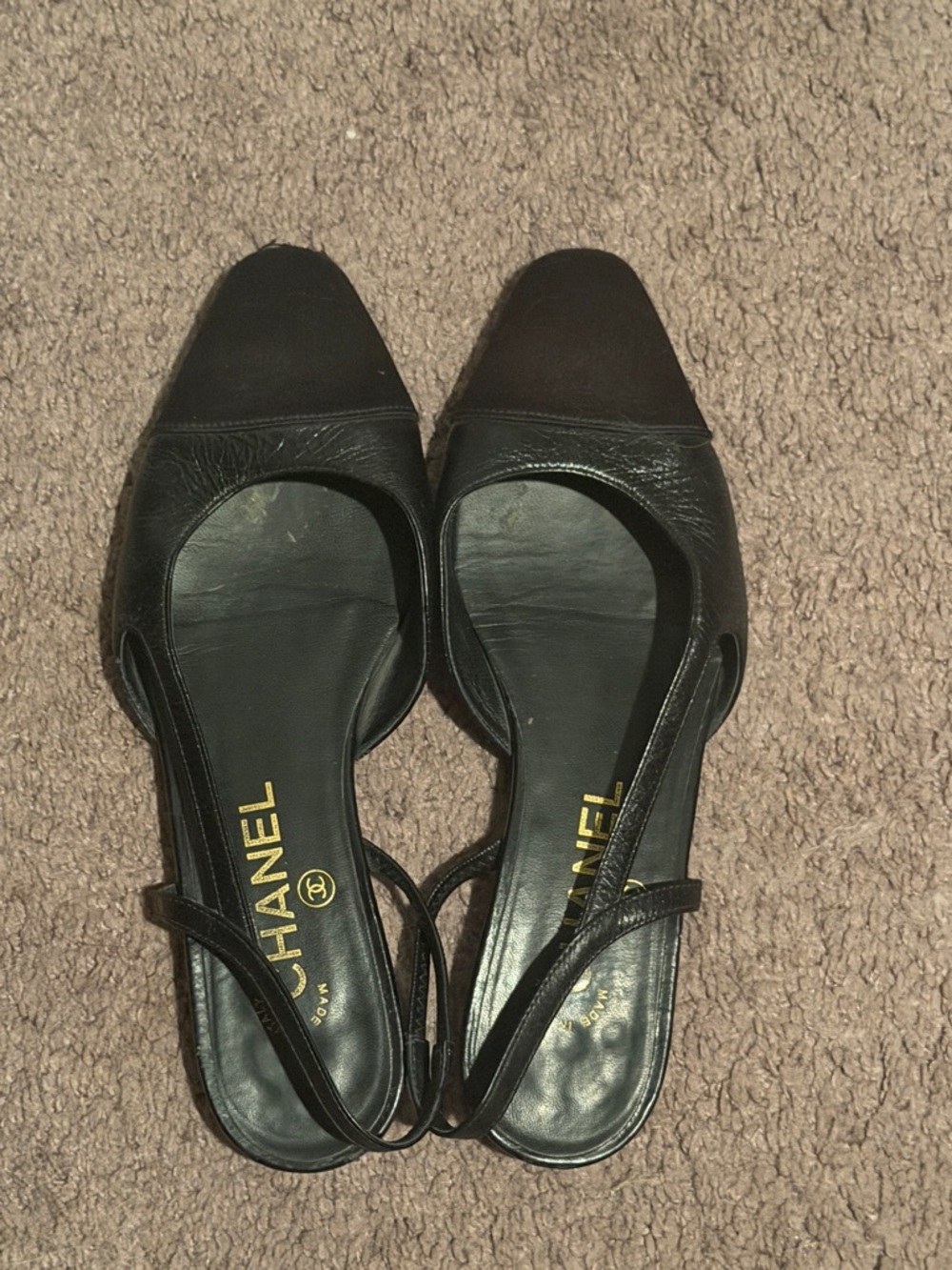 CHANEL Black Leather and Fabric Slingback Flats
